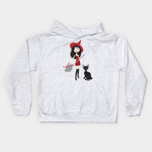 Girl witch with black cat Kids Hoodie by kavalenkava